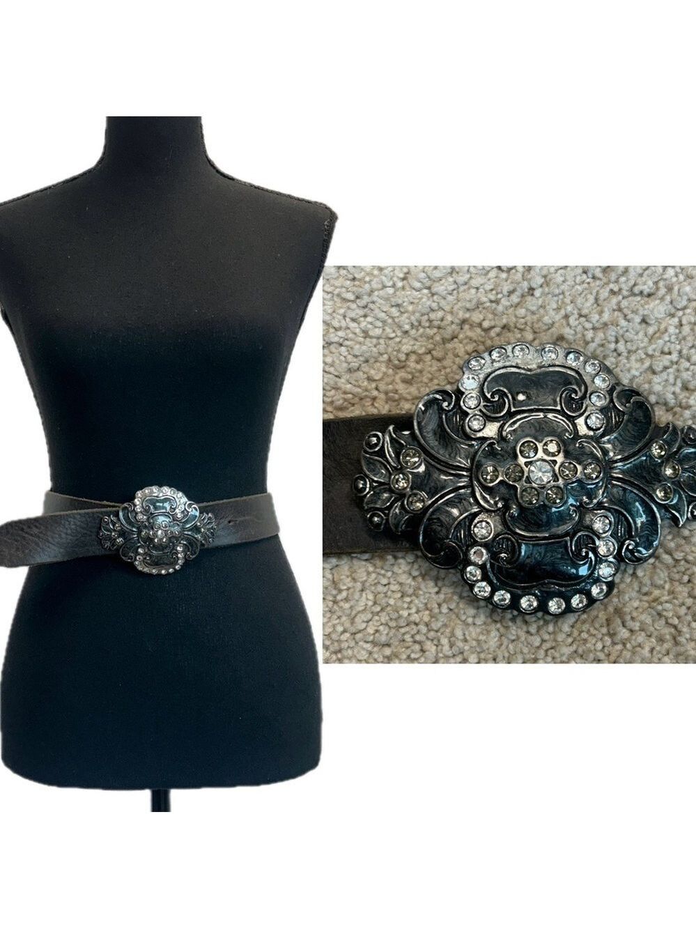 Brave western made in Italy brown leather crystal rhinestone buckle belt Sz 32